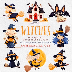水彩の魔女のクリップアート、かわいい魔女のクリップアート、ハロウィーンの魔女の PNG、ハロウィーンのクリップアート、大釜、黒猫、ポーション、商用利用。