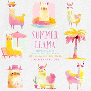 Llama Clipart, Llama Clipart Bundle, Lindo Alpaca Clipart, Llama Summer Clipart, Fiesta, Acuarela, Llama PNG, Uso comercial ilimitado.