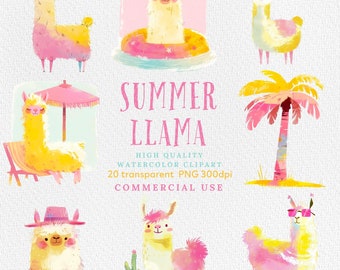Aquarell Lama Clipart Bundle: Sommer Fiesta PNG (Kommerzielle Nutzung)