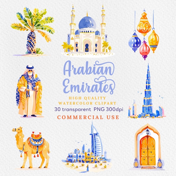 Arabian Emirates Watercolor Clipart Set, Dubai Landmarks Mega Pack, Travel Digital Print, Clipart PNG Transparent Background Commercial Use.