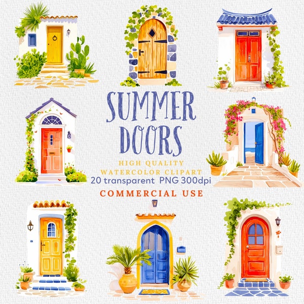 Watercolor Doors clipart, Summer Doors, Front Door, Cute Doors, House Clipart PNG, Moroccan Doors, new home clipart, Doors PNG.