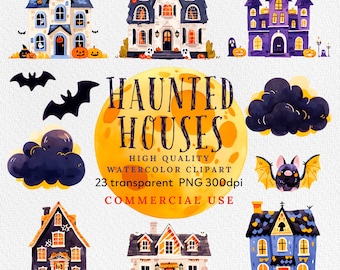 Halloween Haunted House Clipart, Watercolor Clipart, Halloween PNG, Spooky Halloween, Scrapbook, Paper Crafts, Commercial Use.