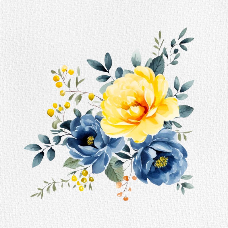 Watercolor Floral Clipart: Dusty Blue & Yellow Flowers (PNG) - Etsy