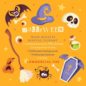 May include: A set of 17 Halloween digital clipart images, including a witch's hat, a bat, a skull, a potion bottle, a broom, a spider, a pumpkin, a coffin, and a banner that says "HALLOWEEN".