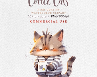 コーヒー猫、コーヒー猫のクリップアート、コーヒー猫のプリント、かわいい猫、商用利用、水彩猫 PNG、不機嫌なコーヒー猫、幸せな猫 PNG。