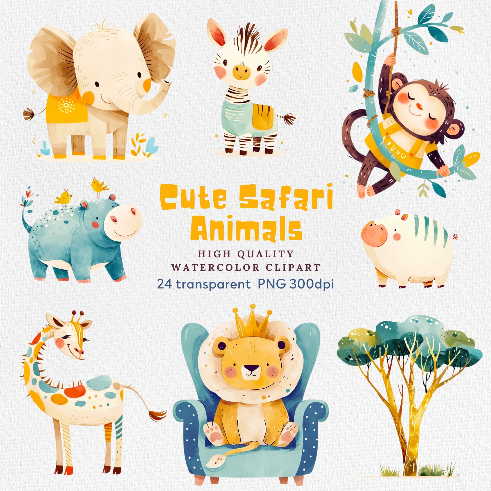 Watercolor Safari Animals Clipart, Cute Baby Safari Animals Clipart PNG ...