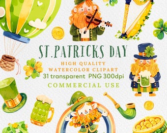 Clipart acquerello per il giorno di San Patrizio: trifoglio e folletto (download immediato)