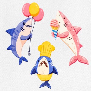 Puede incluir: Tres tiburones de dibujos animados, uno azul con globos, uno rosa sosteniendo un cono de helado y uno azul con un gorro de chef.