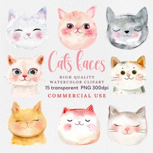 Cute Cats Faces PNG Watercolor, Kitten Face PNG, Cat Eyelashes, Cat face Watercolor, Kawaii Cat Faces PNG, Cute Cat, Commercial Use.