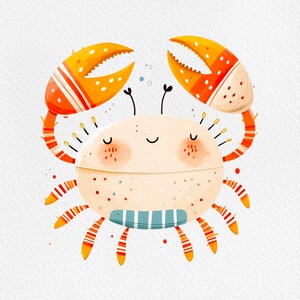 Peut inclure: Illustration fantaisiste d'un crabe de dessin anim&eacute;. Le crabe a un corps cr&egrave;me avec des pattes et des pinces ray&eacute;es orange et blanc. Les pinces ont des pois blancs. Le crabe a une bande ray&eacute;e bleue et blanche autour de son corps et les yeux ferm&eacute;s.