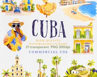 Watercolor Havana Cuba Clipart: Tropical PNG Bundle (Commercial Use)
