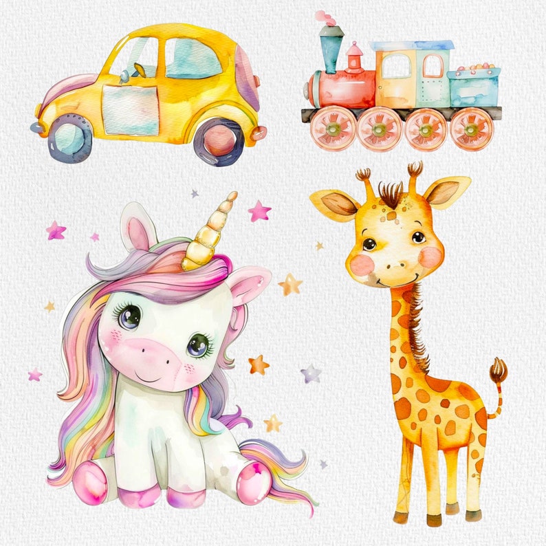 Pu&ograve; includere: Un'illustrazione ad acquerello di un'auto gialla, un treno, un unicorno e una giraffa. L'unicorno &egrave; rosa e bianco con una criniera e una coda arcobaleno. La giraffa &egrave; marrone con macchie arancioni. Il treno &egrave; blu, rosso e verde. L'auto &egrave; gialla con ruote nere.