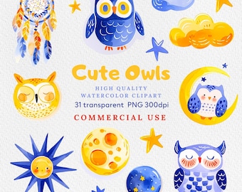Watercolor Cute Owl clipart, Owl PNG, Owl Clipart, Woodland Animal, Baby Shower Clipart, Watercolor Owls, Cute Owls PNG, Baby Owl PNG.
