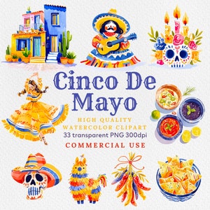 Bundle de cliparts Cinco De Mayo aquarelle, Clipart Fiesta, Clipart mexicain, Clipart têtes de mort en sucre, danseurs mexicains, cactus, cuisine mexicaine, PNG