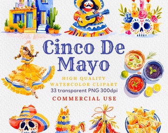 Watercolor Cinco De Mayo Clipart: Fiesta, Sugar Skulls, Mexican Dancers (PNG)