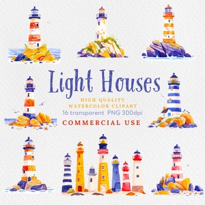 Aquarelle phares clipart PNG, clipart nautique, clipart paysage, clipart montagne, clipart mer, clipart voyage, usage Commercial.