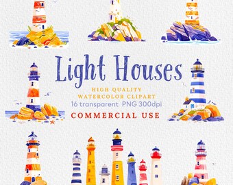 Watercolor Lighthouses Clipart: Nautical PNG Set (Commercial Use)