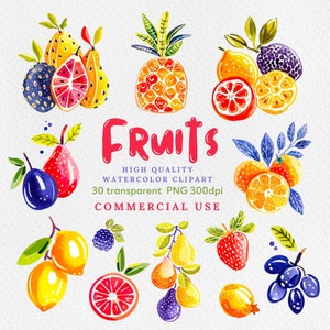 Clipart de frutas de acuarela, clipart de frutas lindas, clipart de frutas de verano, arte para planificador de menú, formato PNG, ilustración de frutas.