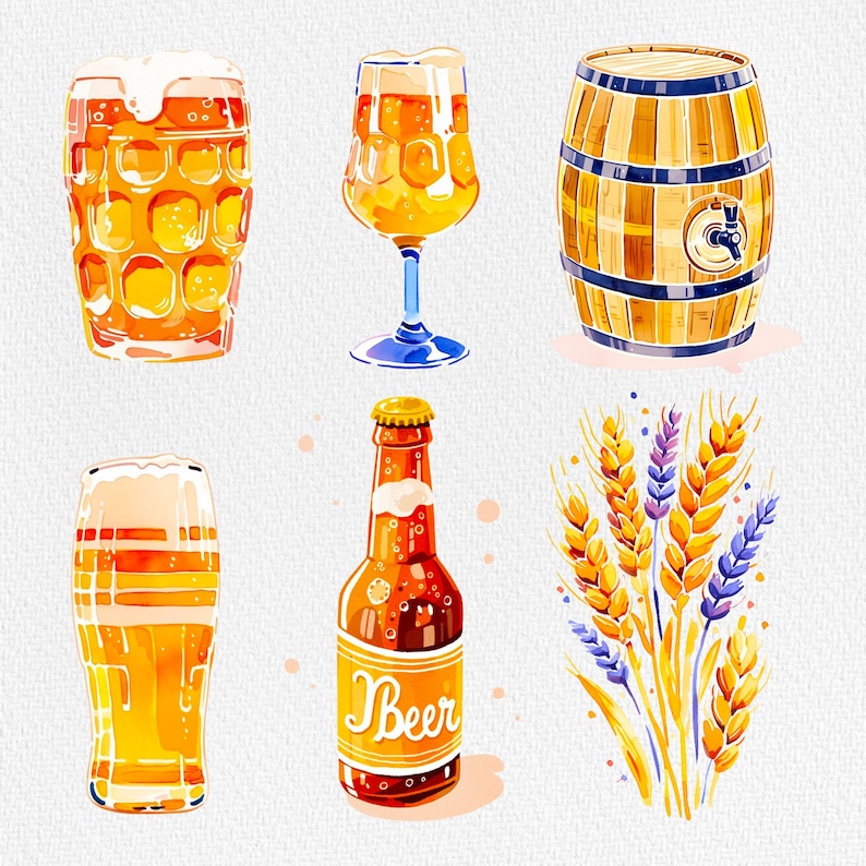 May include: A watercolor illustration of beer-related items, including a glass of beer, a bottle of beer, a beer mug, a barrel, and a bunch of wheat. The bottle of beer has the word "Beer" printed on it.