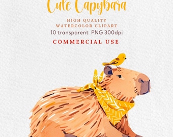 Watercolor Capybara Clipart, Cute Capybara PNG, Instant Download, Cute Capybaras, Pups, Rodent Species, Kids clipart with Capybaras, PNG.