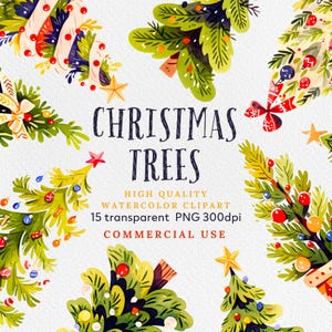 Watercolor Christmas Trees Clipart: Holiday PNG Graphics (Commercial Use)