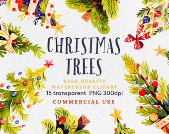 Watercolor Christmas Trees Clipart: Holiday PNG Graphics (Commercial Use)