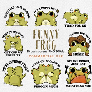 Ensemble de cliparts grenouilles originaux et amusants PNG | Utilisation commerciale | Téléchargement numérique | Journal indésirable | Conceptions de fabrication de cartes | Grenouille dessin animé mignon