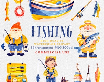 Pacchetto di clipart di pesca ad acquerello: 36 grafiche PNG (uso commerciale)