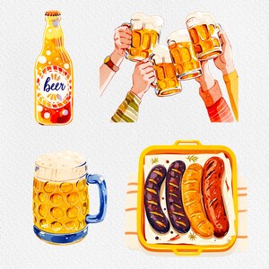May include: A set of four illustrated beer mugs, two with the word "Beer" printed on them, and a bottle of beer with a label that says "Beer". There is also a tray of six sausages.