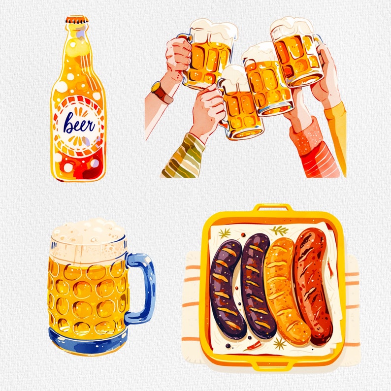 May include: A set of four illustrated beer mugs, two with the word "Beer" printed on them, and a bottle of beer with a label that says "Beer". There is also a tray of six sausages.