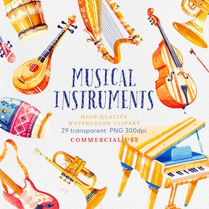 Watercolor Musical Instruments Clipart, Musical Instruments Clipart Set, Orchestra Clip Art Bundle, Watercolor Clipart, Commercial Use.