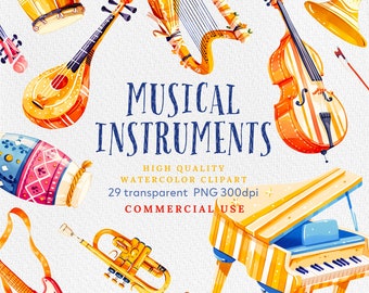 Clipart aquarel muziekinstrumenten: orkest-png-bundel (commercieel gebruik)