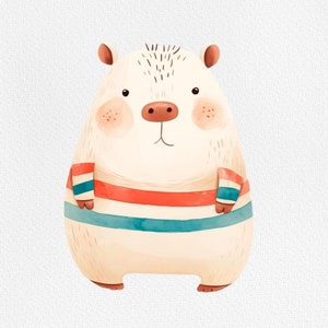 May include: A cartoon illustration of a white, round animal with a brown nose and red and blue striped sweater. The animal has a spiky brown mane and is standing on a white background.