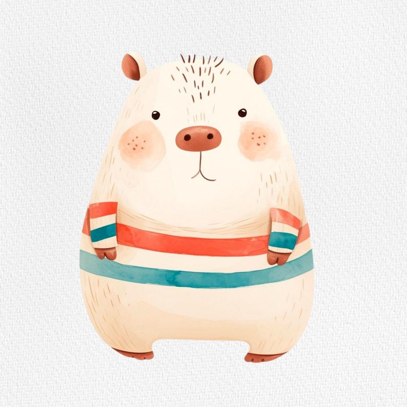 May include: A cartoon illustration of a white, round animal with a brown nose and red and blue striped sweater. The animal has a spiky brown mane and is standing on a white background.
