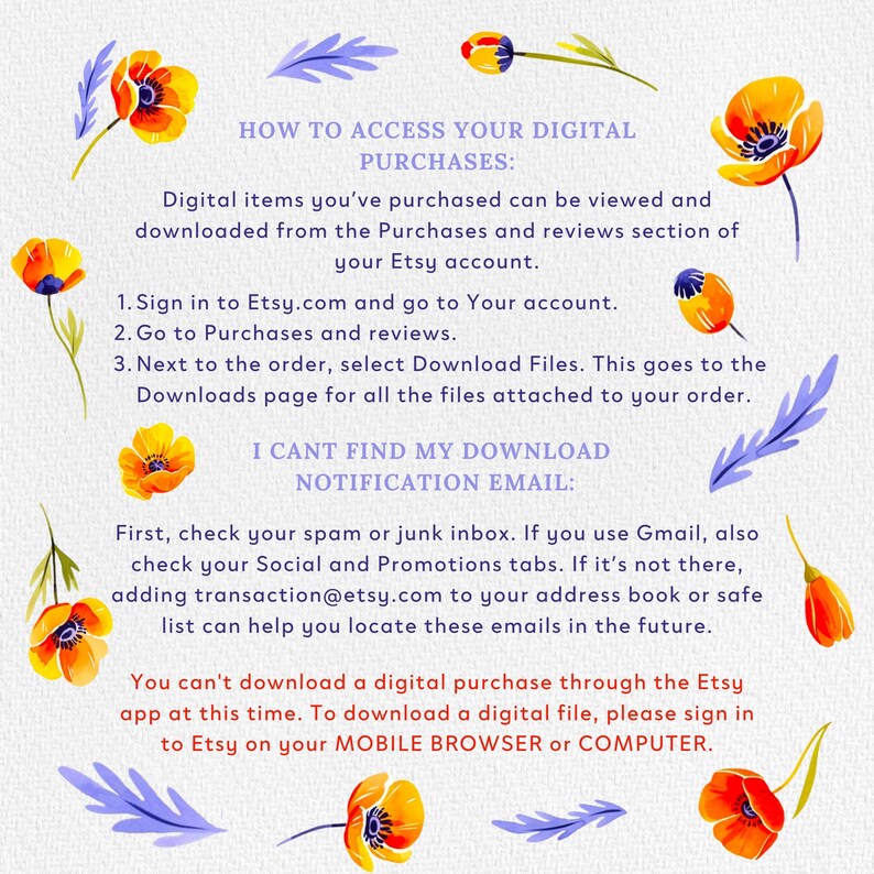 Peut inclure: Guide de t&eacute;l&eacute;chargement num&eacute;rique avec du texte sur la fa&ccedil;on d'acc&eacute;der aux achats Etsy. Le texte est entour&eacute; d'illustrations &agrave; l'aquarelle de fleurs orange et jaunes et de feuilles bleues. Le guide fournit des instructions.