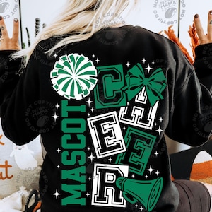 May include: Black sweatshirt with a green and white cheerleader design. The design includes a pom-pom, bow, megaphone, and the word "MASCOT" vertically. The word "CHEER" is also displayed in a block letter style.