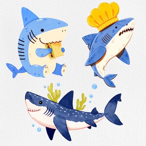 Puede incluir: Tres tiburones de dibujos animados con diferentes expresiones. Un tibur&oacute;n azul con un patr&oacute;n a rayas est&aacute; sosteniendo un s&aacute;ndwich. Un tibur&oacute;n azul con un gorro de chef amarillo est&aacute; nadando. Un tibur&oacute;n azul y blanco con manchas est&aacute; nadando con algas.