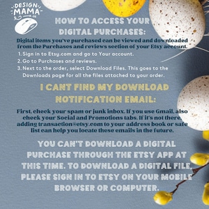 May include: A digital download guide with instructions on how to access Etsy digital purchases. The text includes steps for finding downloads and troubleshooting email issues. The background is a light blue with decorative eggs.