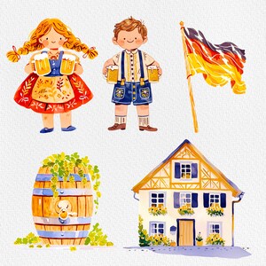 May include: A watercolor illustration of a German-themed scene with a girl and boy in traditional clothing holding beer steins, a house with a red roof, a barrel, and a German flag.