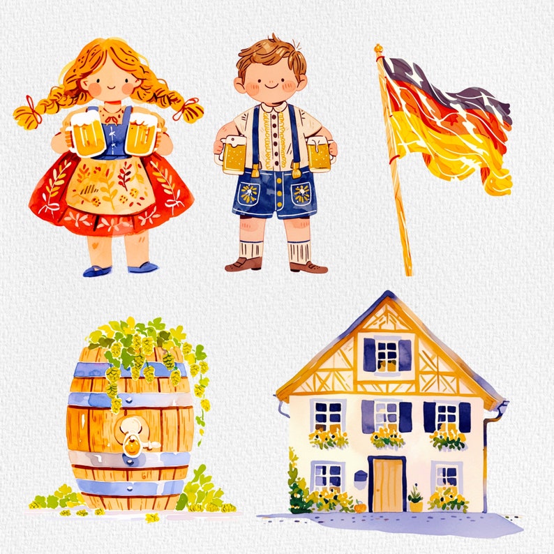 May include: A watercolor illustration of a German-themed scene with a girl and boy in traditional clothing holding beer steins, a house with a red roof, a barrel, and a German flag.