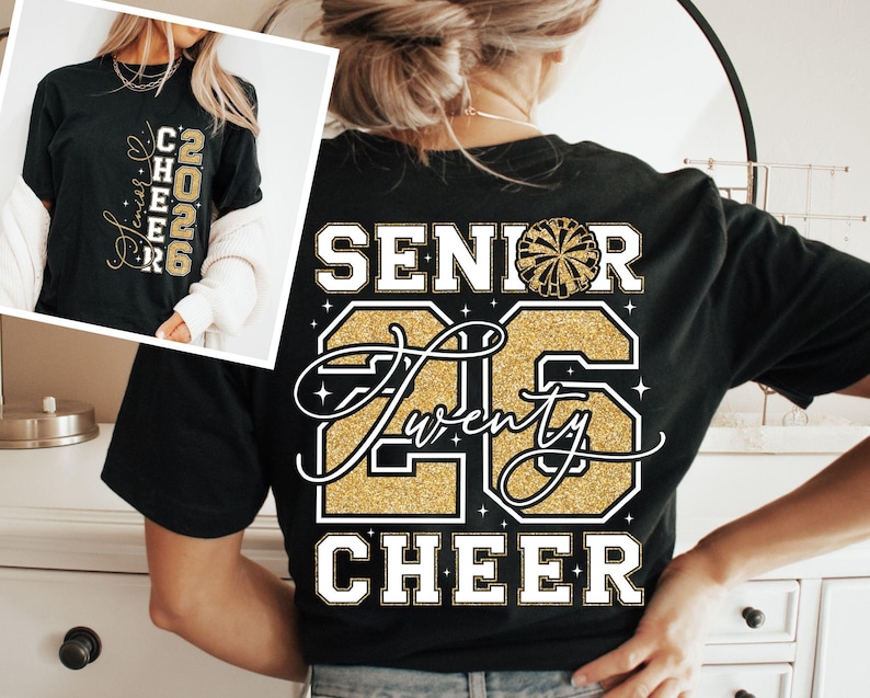 May include: Black t-shirt with gold glitter text and a cheerleader pom-pom graphic. The back of the shirt reads "SENIOR Twenty 26 CHEER". The front of the shirt has "CHEER 2026" in gold glitter. A perfect gift for cheerleaders.