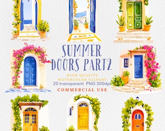 Aquarell Sommer Türen Clipart: Blumenhaus PNG (Digital Download)