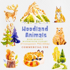 Waldtiere Clipart, Aquarell Waldtiere Clipart, Transparentes PNG, Kinderzimmer Clipart, Fuchs, Bär, Hirsch, Aquarell Waldtier