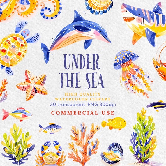 Under the Sea Clipart, Little Sea Animals Clipart, Undersea Watercolor, Cute Ocean Animals PNG, Sea Animals Clipart, Cute Sea Animals PNG