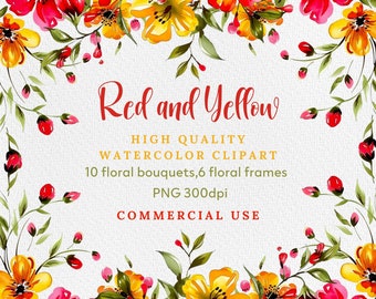Clipart floral de acuarela: flores rojas y amarillas, ramos y marcos (PNG)