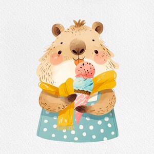May include: A cartoon illustration of a brown bear wearing a yellow scarf and a blue polka dot dress, holding a double scoop ice cream cone.