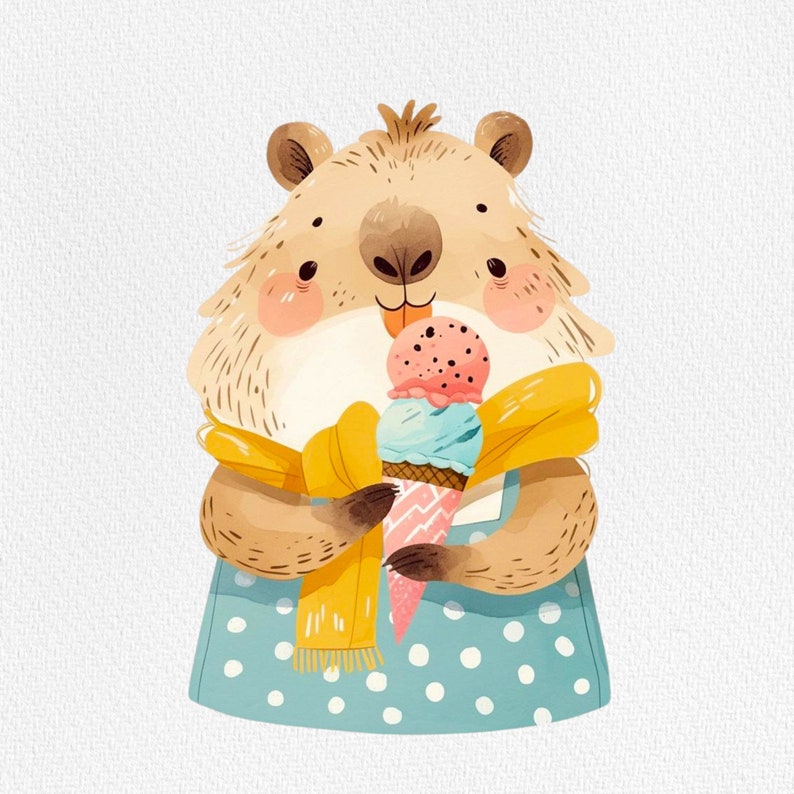 May include: A cartoon illustration of a brown bear wearing a yellow scarf and a blue polka dot dress, holding a double scoop ice cream cone.
