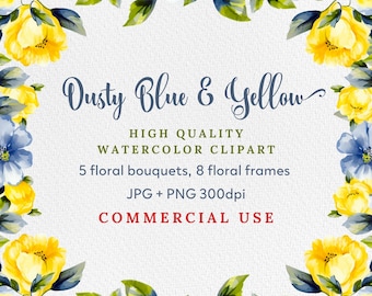 Watercolor Dusty Blue and Yellow Flowers PNG Clipart, Watercolor Floral Clipart Bundle - Bouquets, Wreaths, Frames, Elements, Wedding Floral