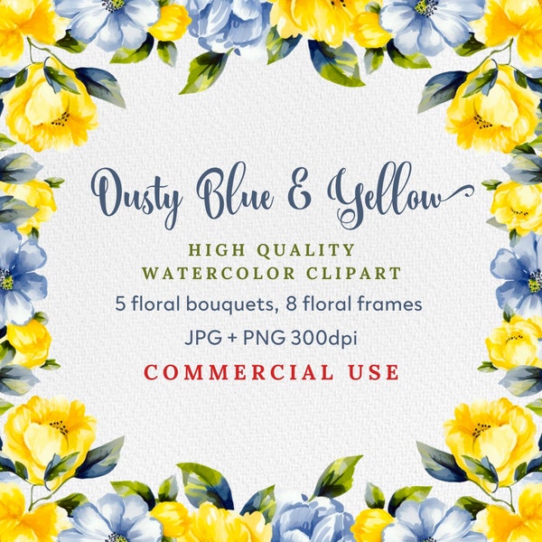 Watercolor Dusty Blue and Yellow Flowers PNG Clipart, Watercolor Floral Clipart Bundle - Bouquets, Wreaths, Frames, Elements, Wedding Floral
