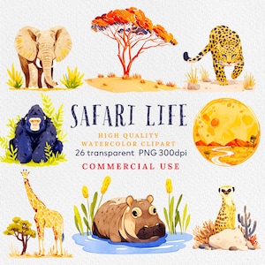 Clipart di animali da safari ad acquerello, clipart di simpatici cuccioli di safari in formato PNG, clipart della giungla, illustrazione di animali africani, download digitale.